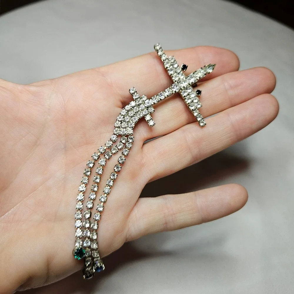 Vintage Rhinestone Airplane Brooch Silver Tone Dangle Charms MCM Retro Jewelry